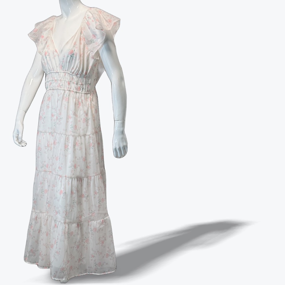 Storia Chiffon Maxi Dress Cottagecore Smocked Tiered Womens XL Pink Floral White
